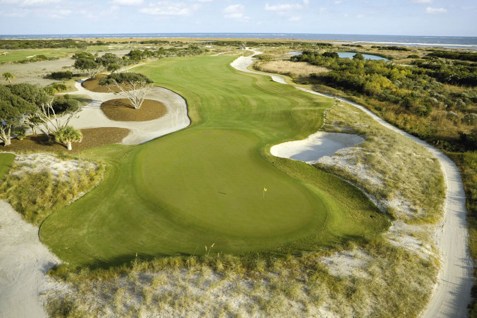 The narrow deep green of the  480-yard, par-4 hole 6