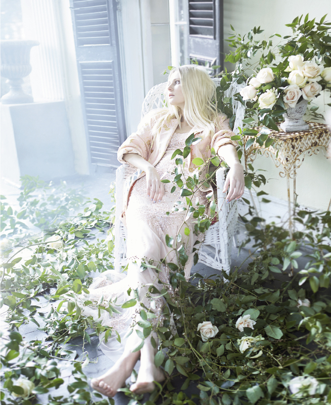 LA VIE IN ROSE: Adan Mattox blush sequined gown with illusion skirt, $420 at Anne&#039;s; Tome floral brocade coat, $1,825 at tomenyc.com