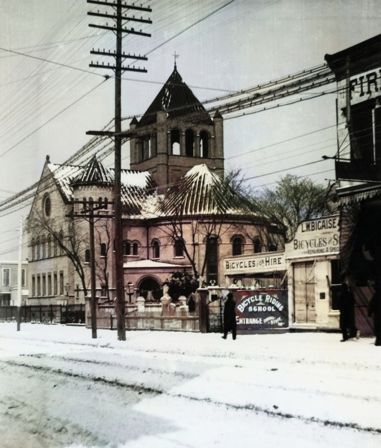 Bicycles for Hire, 1899, by Franklin Frost Sams A bicycle rental company and riding school, located next to Circular Congregational Church, during The Great Blizzard of February 1899