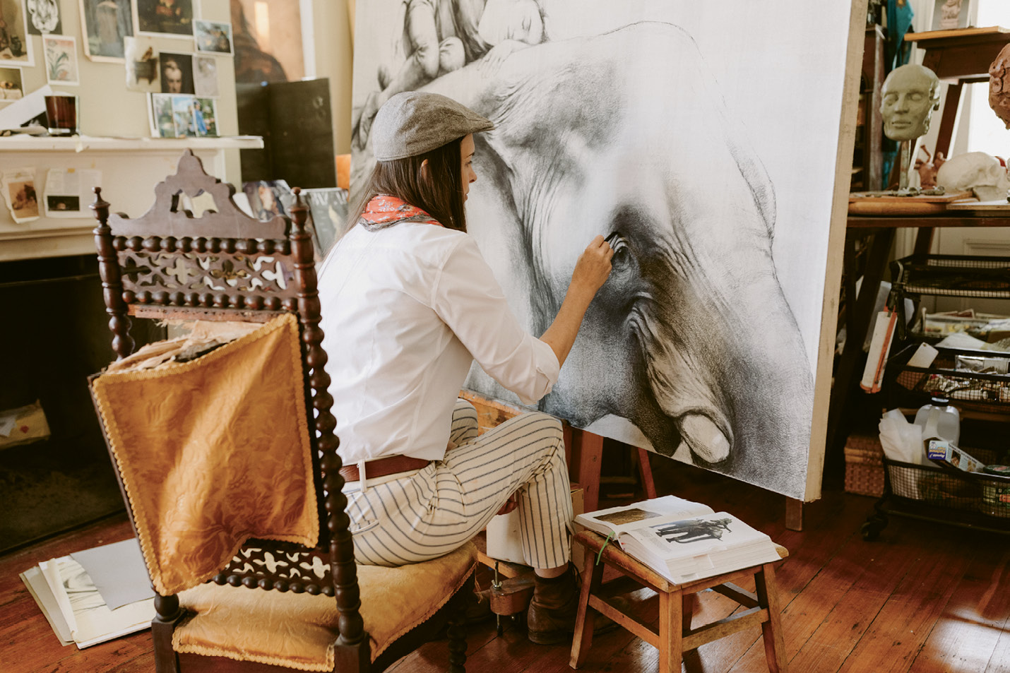 She’s also had a lifelong fascination with elephants and has made several trips to Riverbanks Zoo to do studies of its one-tusked wonder that will debut in the Gibbes show.
