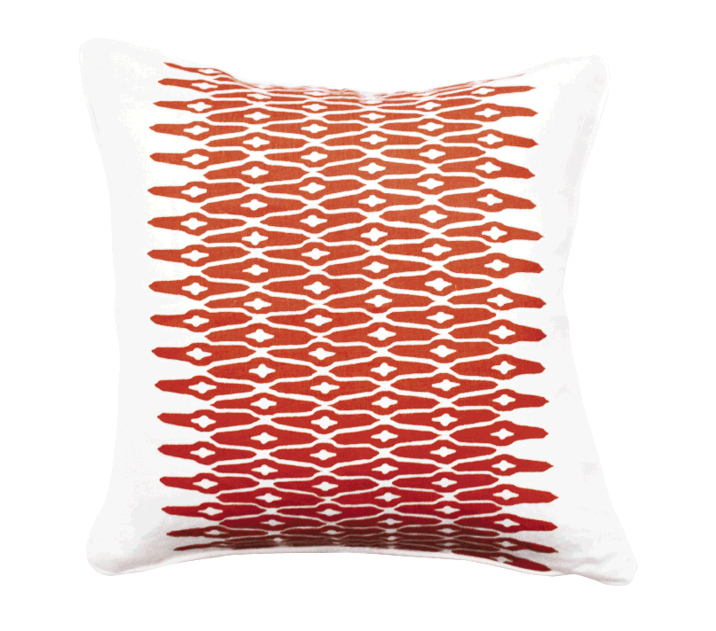 “Lattice Block” pillow, $135, at Eclectic; Walter G. “Flores Indian Teal” pillow and “Swazi Mud” pillow, $120 each, at Celadon