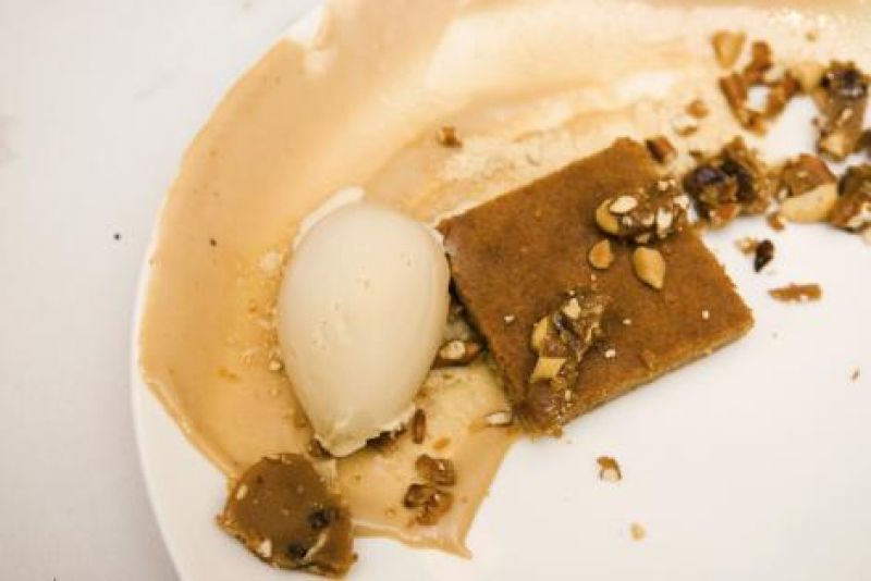 Blondie with pretzel and bacon brittle