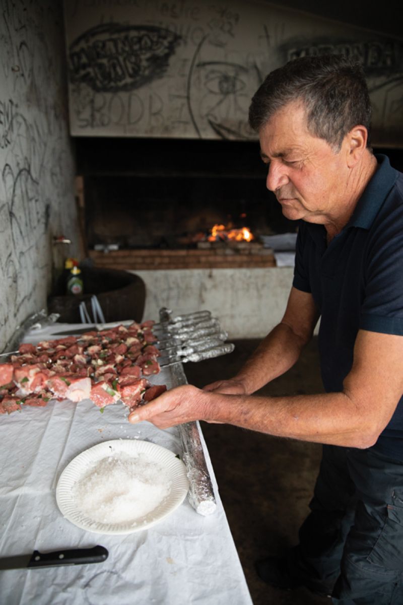 Weekends are for espetada—steak grilled on a laurel skewer over an open fire.