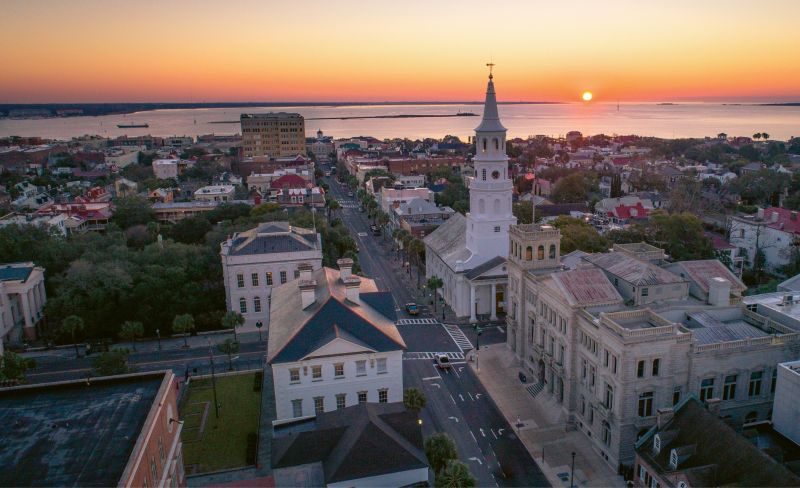 “Broad Street Sunrise”  {Altitude: 120 feet}  Sunrise over the Four Corners of Law, February 2018