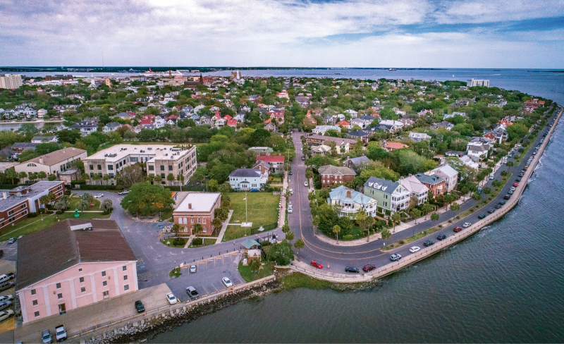 “The Battery Bend” {Altitude: 120 feet}  A new take on the peninsula’s distinct shape from the western edge at Tradd Street and Murray Boulevard
