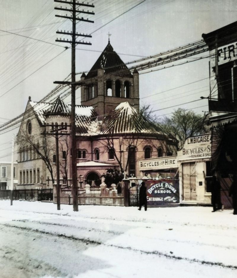 Bicycles for Hire, 1899, by Franklin Frost Sams A bicycle rental company and riding school, located next to Circular Congregational Church, during The Great Blizzard of February 1899