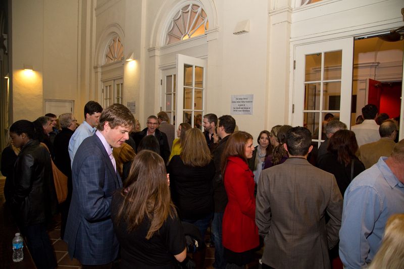 A crowd gathered outside waiting for the doors to open.