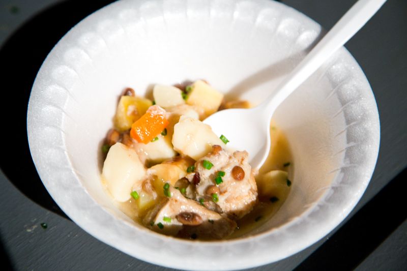 A spin on the traditional pork and noodles dish, chef John Ondo prepared pork with potato gnocchi and vegetables.