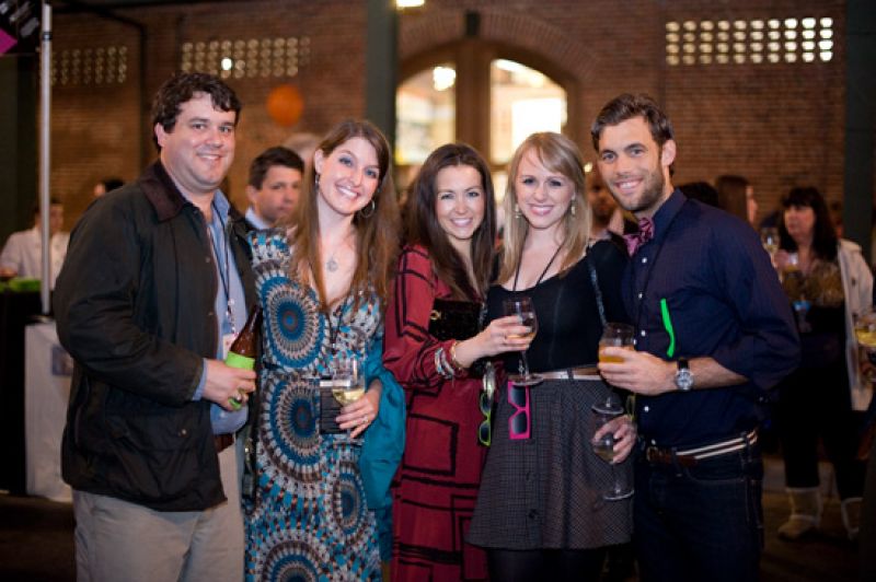 Scott Toole, Anne Toole, Lindsay Kay, Sara Hosch, and Adam Ashbrook happy to be out of the rain and on the party &quot;street&quot;