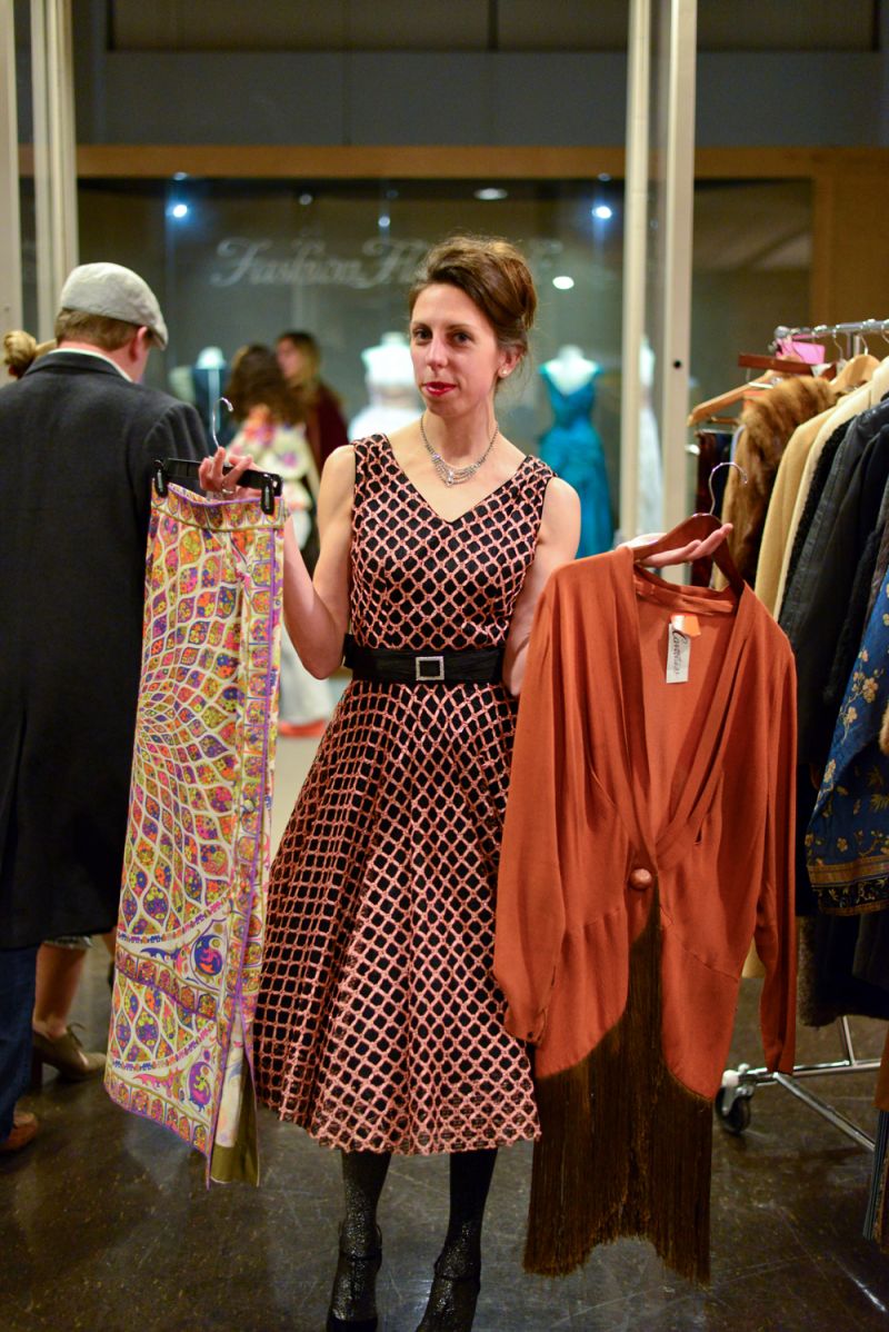 Julie Wheat, owner of the Cavortress boutique, highlights a Gucci skirt from the &#039;60s and a dress from the &#039;20s.