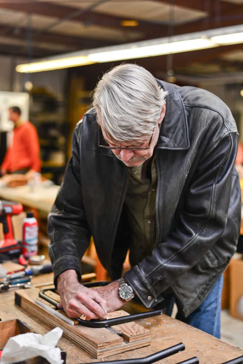 John Dowdle constructs cross frames out of aluminum tubing.