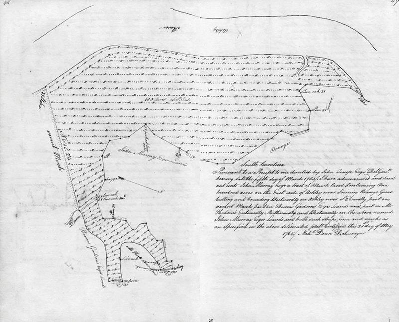 A plat made in 1765 to accompany the grant of marshland adjacent to Orange Grove Plantation on the Ashley River