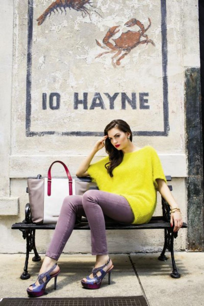 Cynthia Rowley textured sweater, $295 at Cynthia Rowley; AG Adriano Goldschmied “The Stilt” skinny jeans, $168 at Gwynn’s of Mt. Pleasant; “Fontia” platform sandals, $89 at Nine West; Marc by Marc Jacobs “Burg Boxer” leather satchel, $598, and Christina Jervey amazonite  claw earrings, $195,  both at Gwynn’s of  Mt. Pleasant; Julie Vos gold  and chalcedony Canova bracelet  and Julie Vos gold and moonstone Canova bangle, $145 each at Finicky Filly